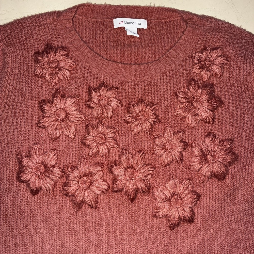 Liz Claiborne Womens Knit Sweater Embroidered Floral Rosewood Pink Red Size M